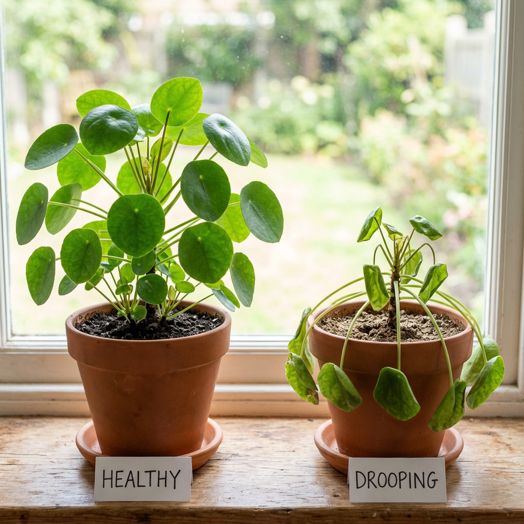 Two Pilea plants in terracotta pots labeled healthy and drooping